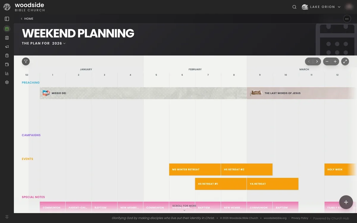 Weekend Planning: a year of preaching series, campaigns, events, and service notes on one timeline.