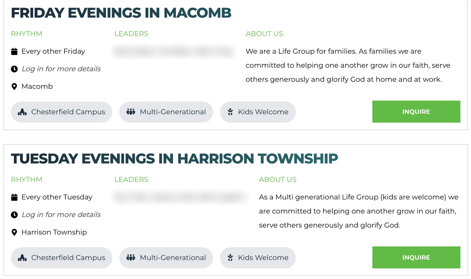 A Life Group finder: searchable, filterable cards with rhythm, campus, and audience tags, wired to live data.