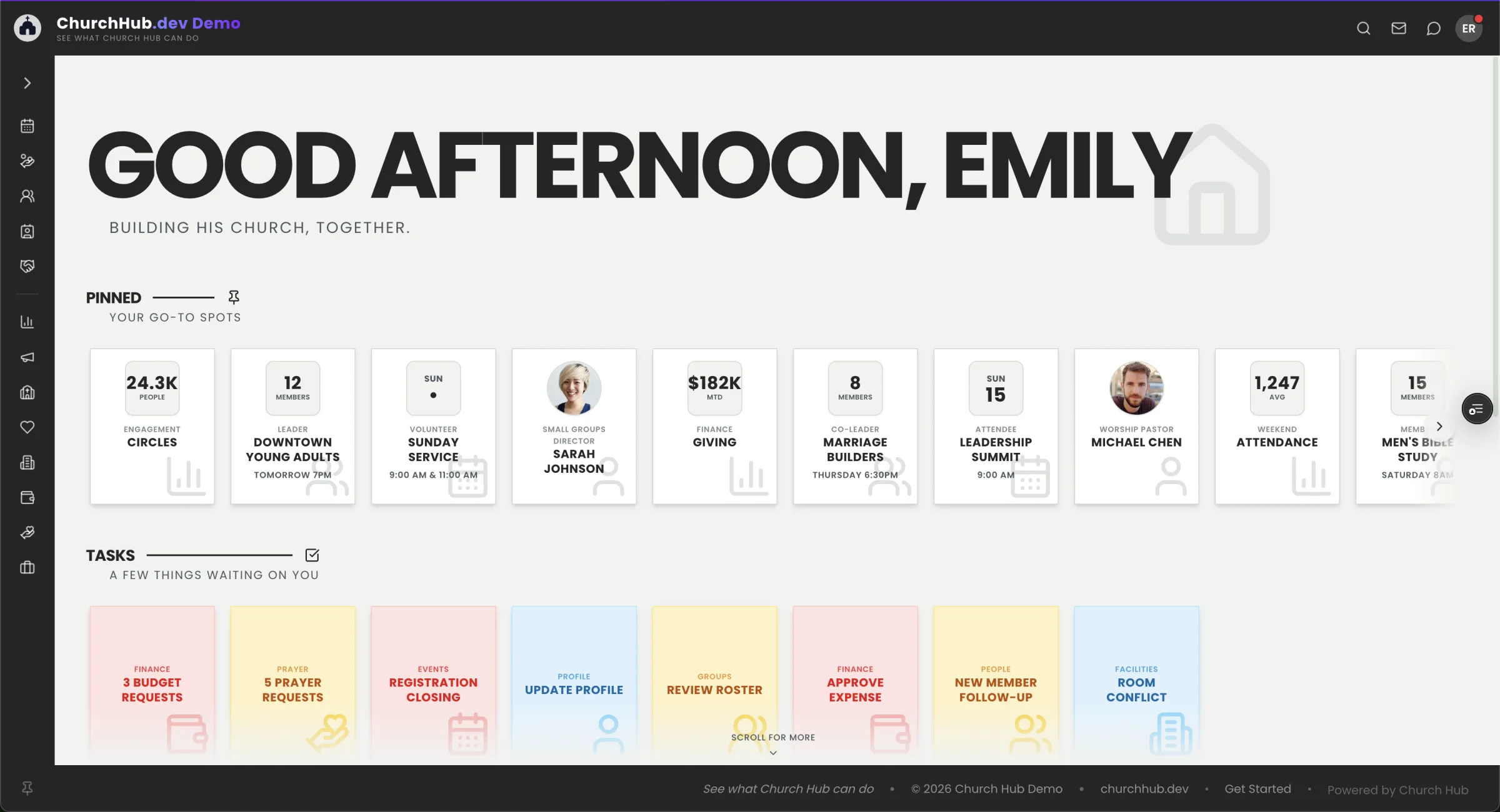 The Church Hub home screen: a personalized dashboard with pinned apps, dashboards, people, and tasks.