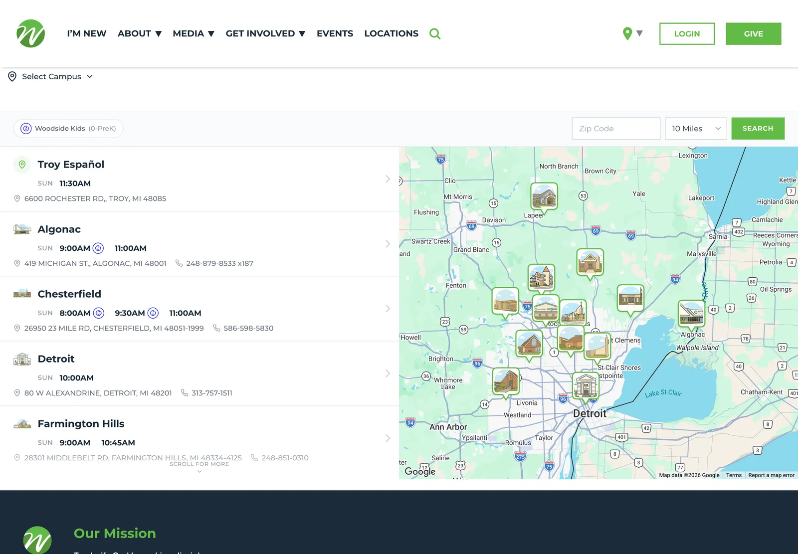 Campus locator widget: filter by ministry, search by zip and radius, and browse an interactive map with custom illustrated pins.