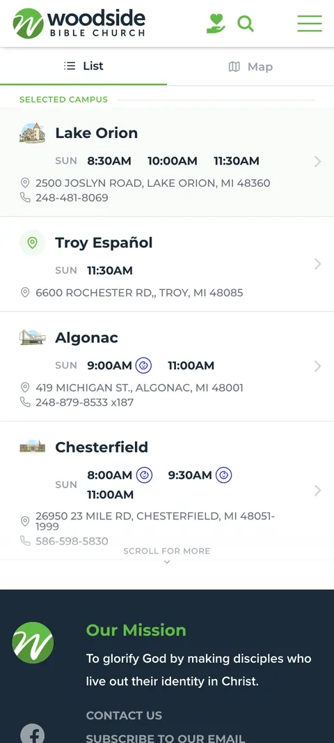 Campus locator on mobile with list and map tabs.